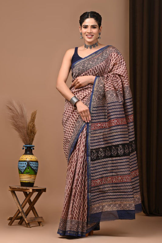 Premium Hand Block Printed Chanderi Silk Saree