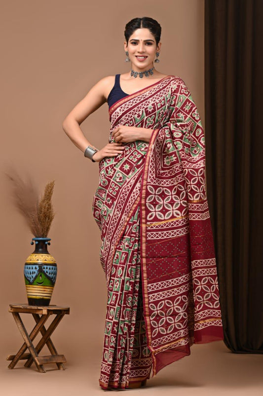 Premium Hand Block Printed Chanderi Silk Saree
