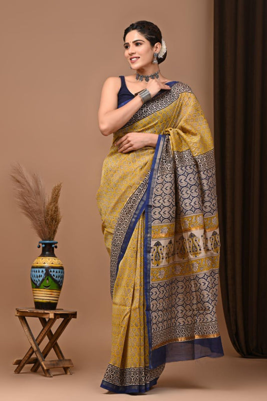 Premium Hand Block Printed Chanderi Silk Saree