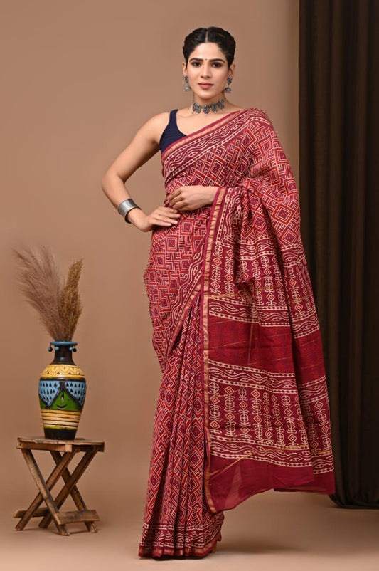 Premium Hand Block Printed Chanderi Silk Saree (SWSRCHACH23)