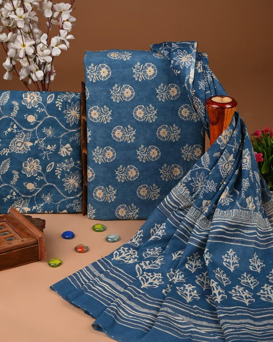 EXCLUSIVE HAND BLOCK PRINT COTTON SUIT SET WITH MULMUL DUPATTA