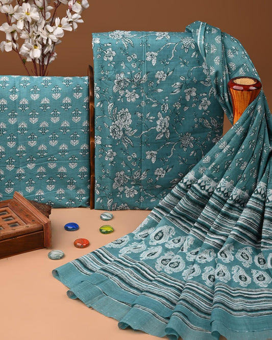 HAND BLOCK PRINT COTTON SUIT SET WITH MULMUL DUPATTA(SWCOTMU05)