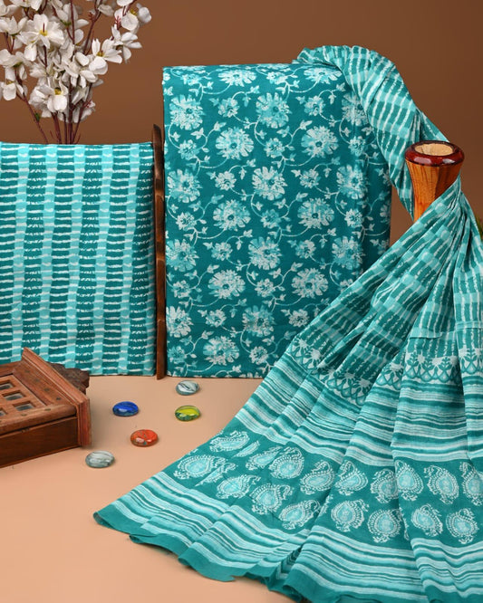 HAND BLOCK PRINT COTTON SUIT SET WITH MULMUL DUPATTA(SWCOTMU03)