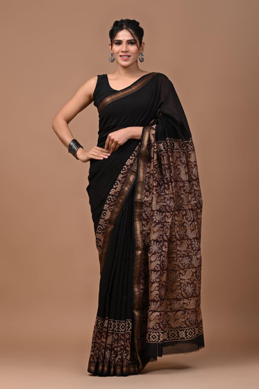 Exclusive Hand Block Printed Maheshwari Silk Saree (SWSRMAH48)