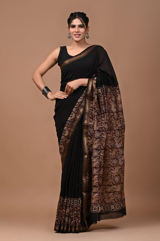 Exclusive Hand Block Printed Maheshwari Silk Saree (SWSRMAH48)