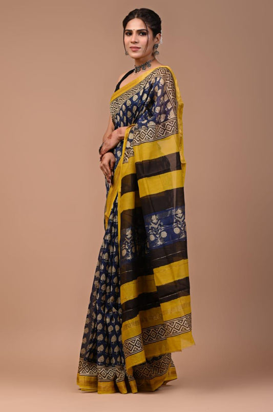 Exclusive Hand Block Printed Maheshwari Silk Saree (SWSRMAH50)