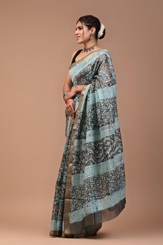 Exclusive Hand Block Printed Maheshwari Silk Saree (SWSRMAH51)