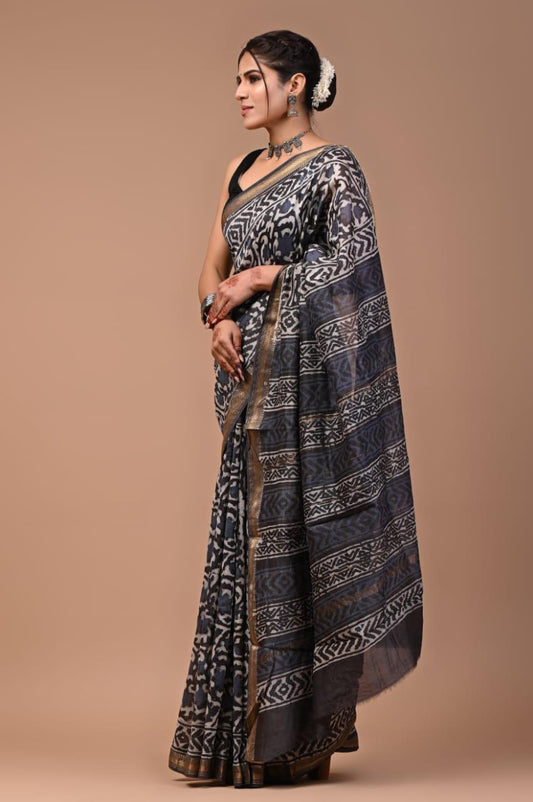 Exclusive Hand Block Printed Maheshwari Silk Saree (SWSRMAH52)