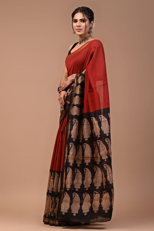 Exclusive Hand Block Printed Maheshwari Silk Saree (SWSRMAH54)