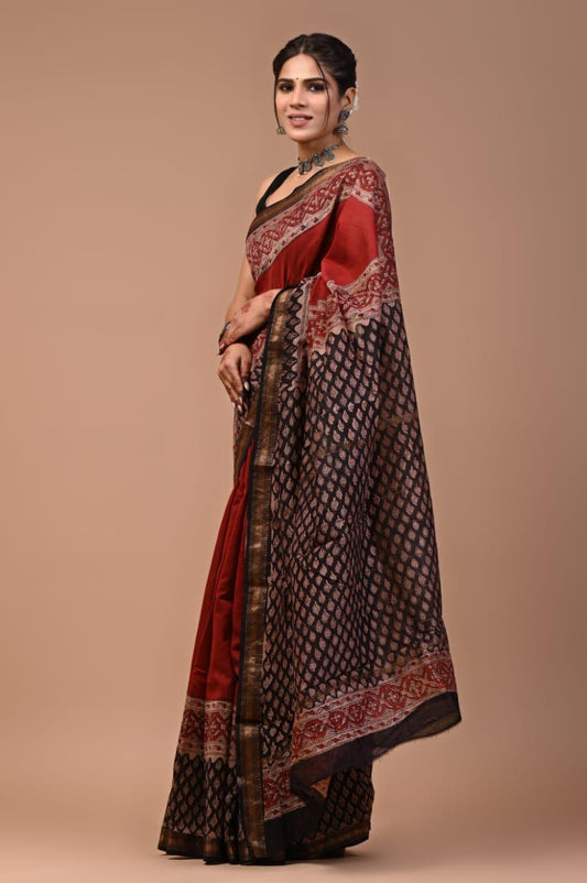 Exclusive Hand Block Printed Maheshwari Silk Saree (SWSRMAH55)