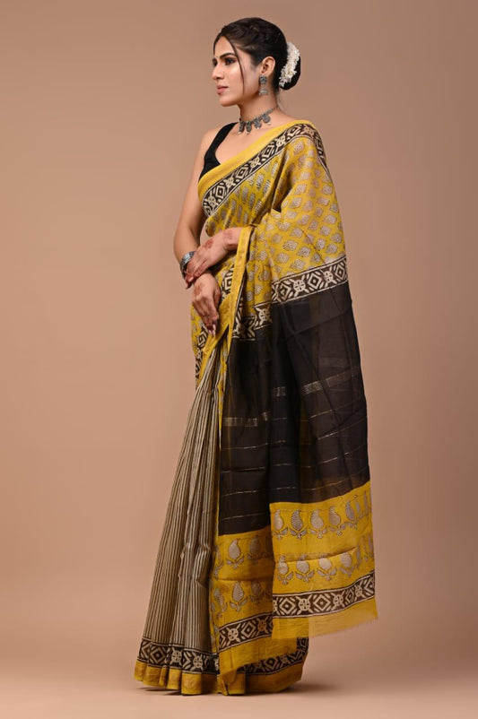 Exclusive Hand Block Printed Maheshwari Silk Saree (SWSRMAH57)