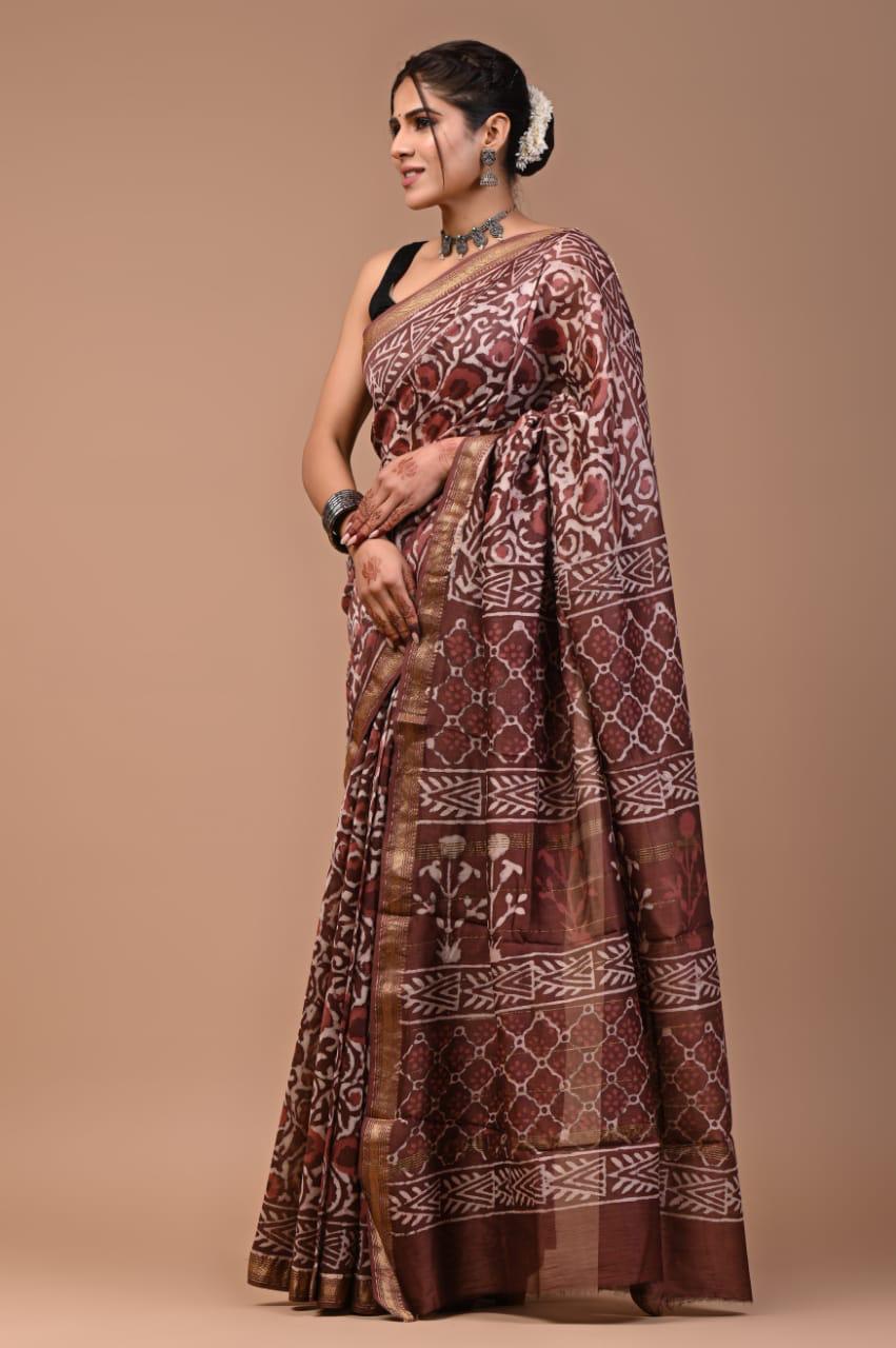 Exclusive Hand Block Printed Maheshwari Silk Saree (SWSRMAH58)