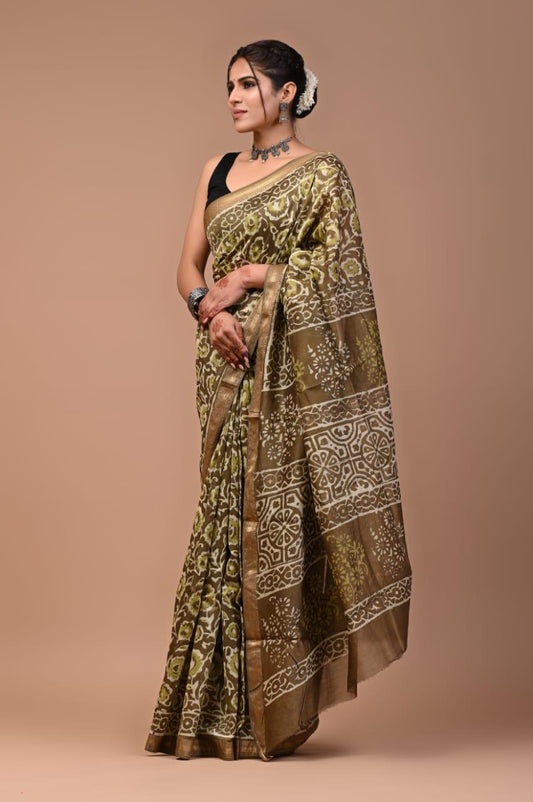 Exclusive Hand Block Printed Maheshwari Silk Saree (SWSRMAH59)