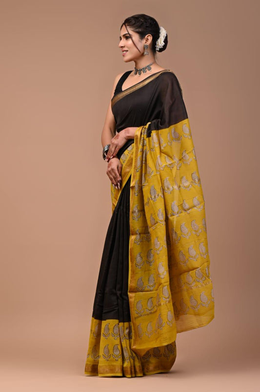 Exclusive Hand Block Printed Maheshwari Silk Saree (SWSRMAH60)