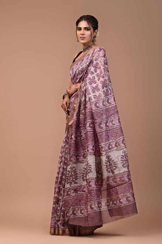 Exclusive Hand Block Printed Maheshwari Silk Saree (SWSRMAH61)