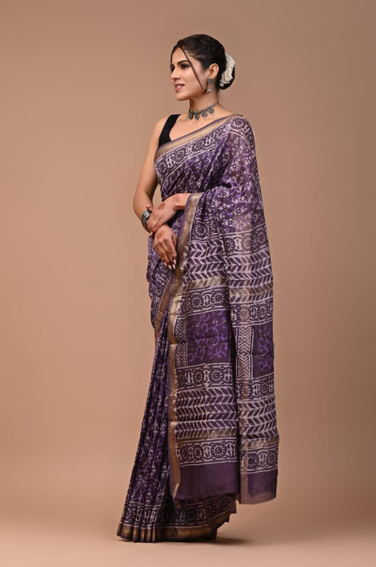 Exclusive Hand Block Printed Maheshwari Silk Saree (SWSRMAH62)