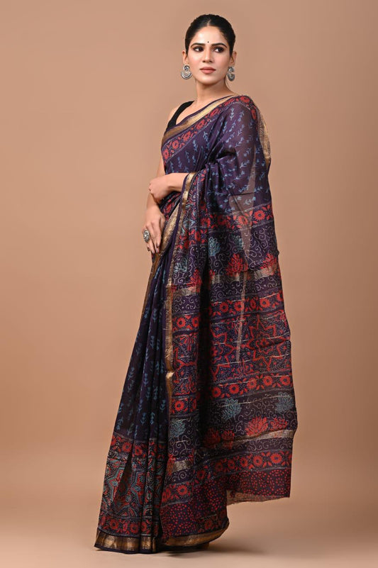 Exclusive Hand Block Printed Maheshwari Silk Saree (SWSRMAH66)