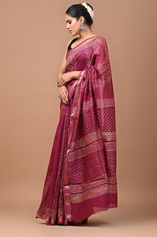 Exclusive Hand Block Printed Maheshwari Silk Saree (SWSRMAH70)