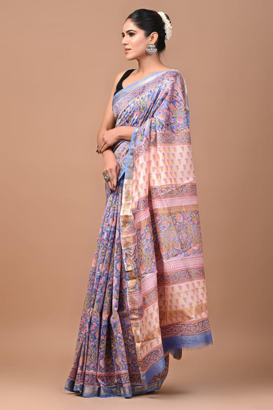 Exclusive Hand Block Printed Maheshwari Silk Saree (SWSRMAH01)