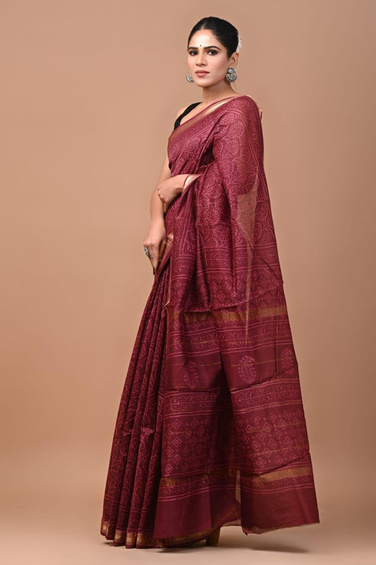 Exclusive Hand Block Printed Maheshwari Silk Saree (SWSRMAH01)