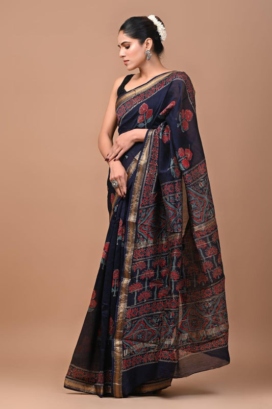 Exclusive Hand Block Printed Maheshwari Silk Saree (SWSRMAH01)