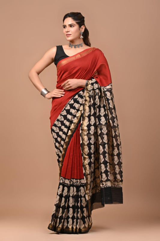 Exclusive Hand Block Printed Maheshwari Silk Saree (SWSRMAH01)