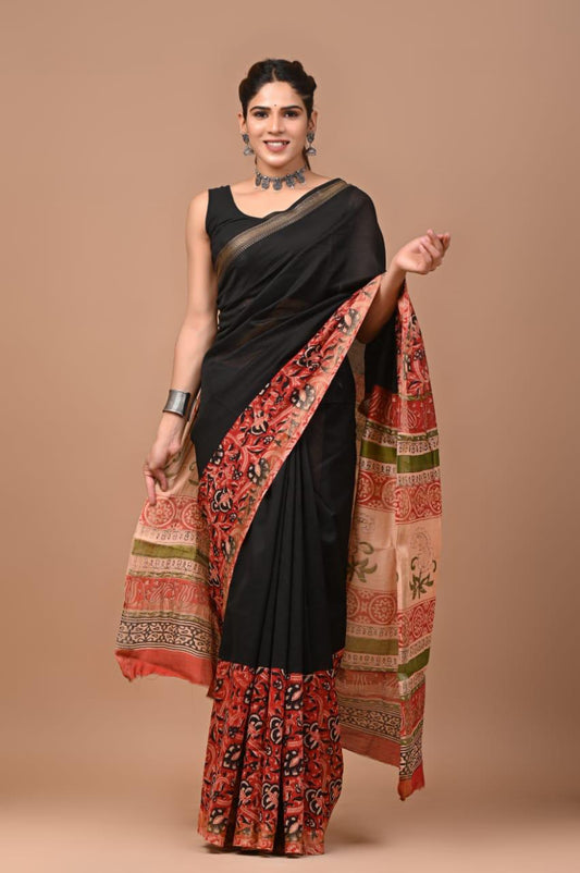 Exclusive Hand Block Printed Maheshwari Silk Saree (SWSRMAH01)