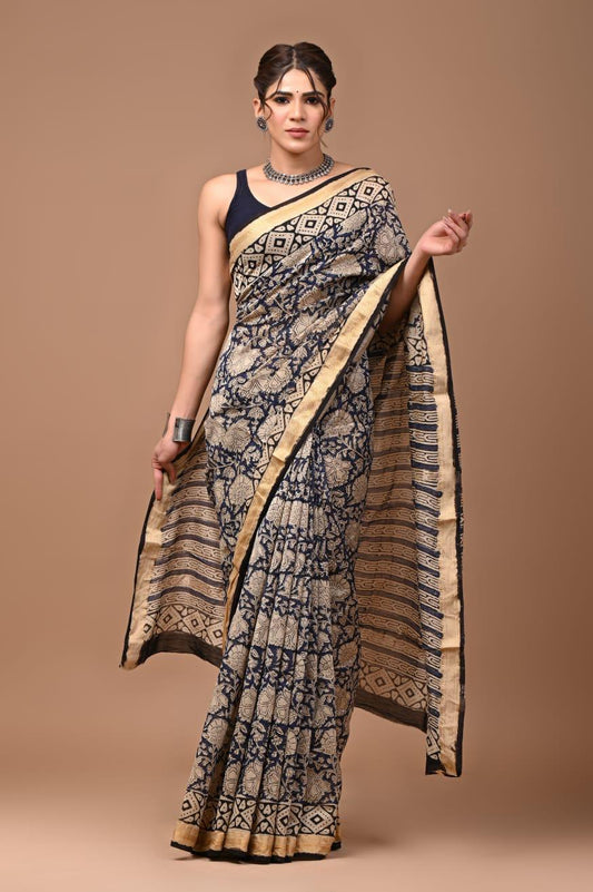 Exclusive Hand Block Printed Maheshwari Silk Saree (SWSRMAH01)