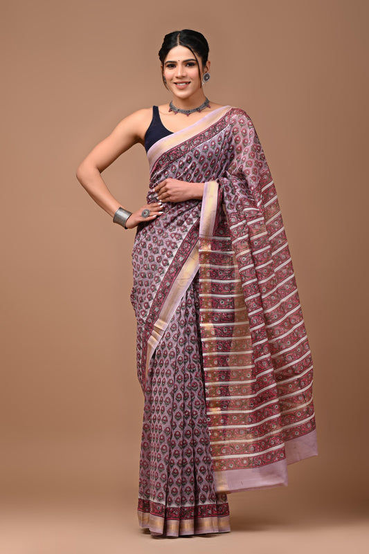 Exclusive Hand Block Printed Maheshwari Silk Saree (SWSRMAH01)