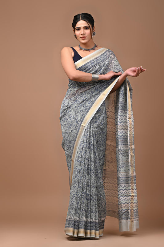 Exclusive Hand Block Printed Maheshwari Silk Saree (SWSRMAH01)