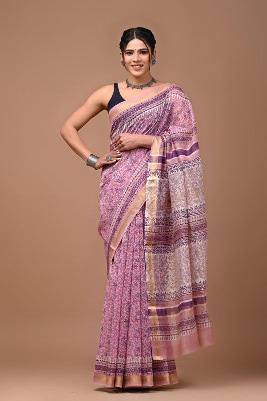 Exclusive Hand Block Printed Maheshwari Silk Saree (SWSRMAH01)
