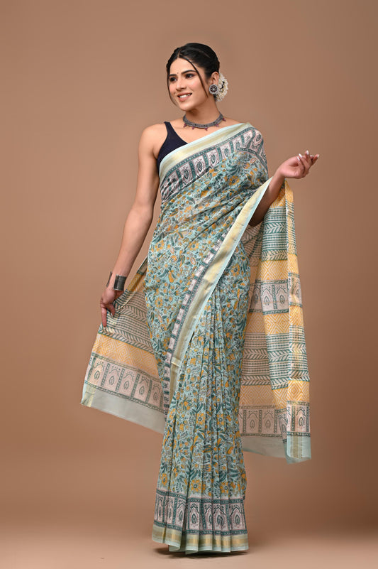 Exclusive Hand Block Printed Maheshwari Silk Saree (SWSRMAH01)