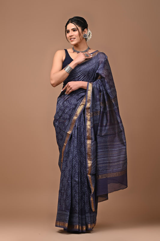 Exclusive Hand Block Printed Maheshwari Silk Saree (SWSRMAH01)