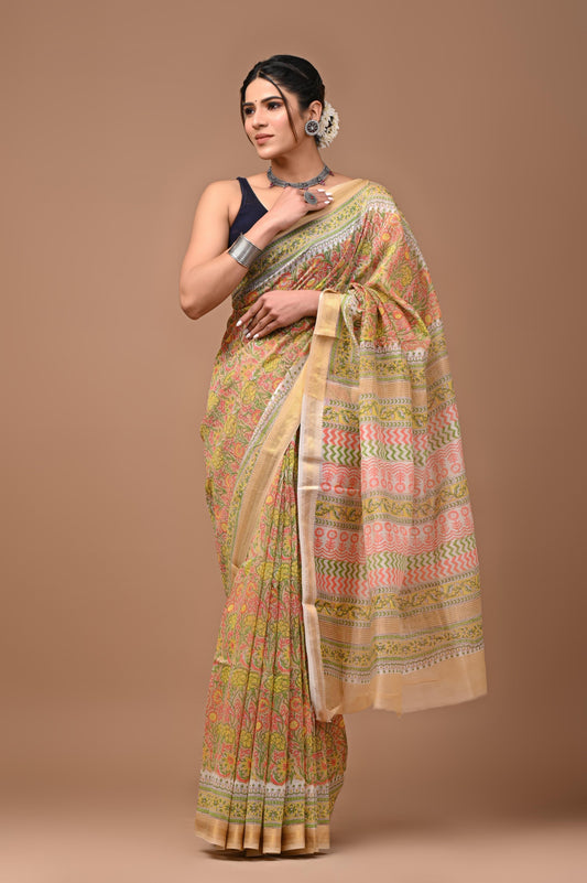 Exclusive Hand Block Printed Maheshwari Silk Saree (SWSRMAH01)