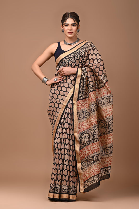Exclusive Hand Block Printed Maheshwari Silk Saree (SWSRMAH01)