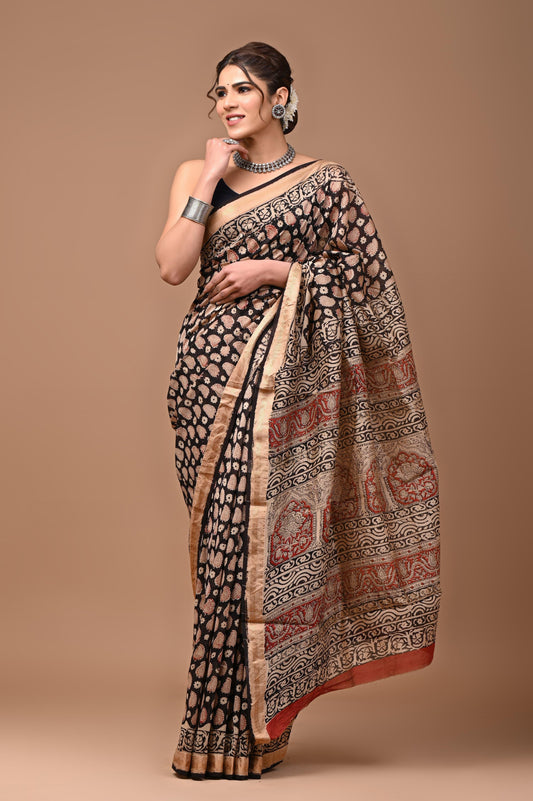Exclusive Hand Block Printed Maheshwari Silk Saree (SWSRMAH01)