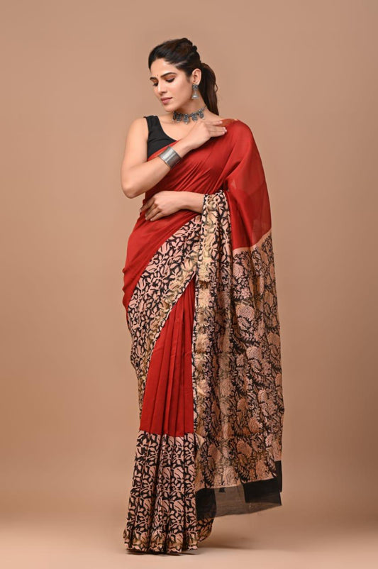 Exclusive Hand Block Printed Maheshwari Silk Saree (SWSRMAH01)
