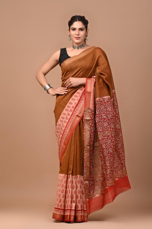 Exclusive Hand Block Printed Maheshwari Silk Saree (SWSRMAH01)