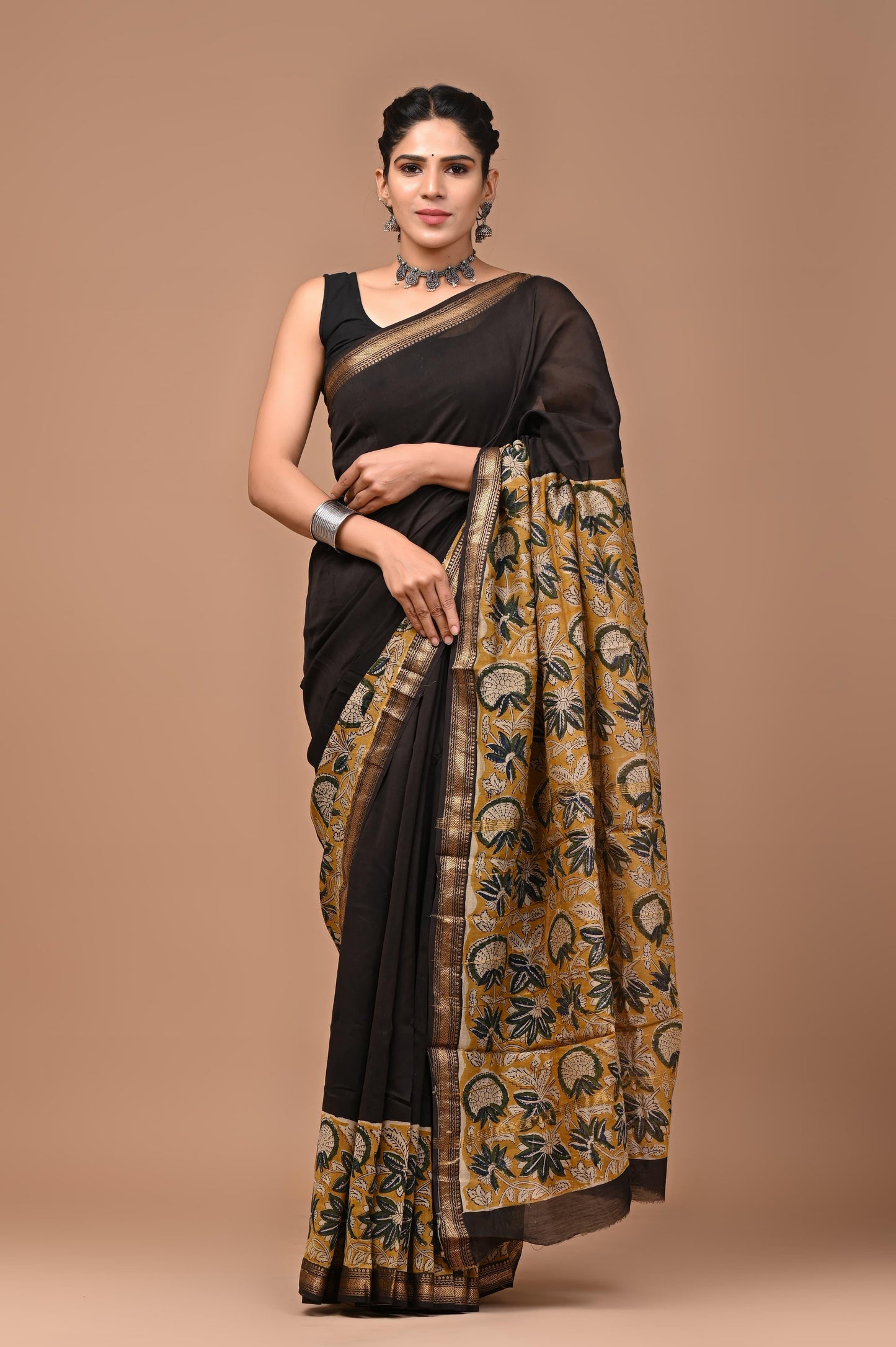 Exclusive Hand Block Printed Maheshwari Silk Saree (SWSRMAH01)