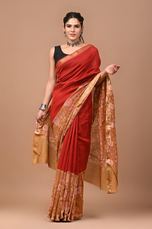 Exclusive Hand Block Printed Maheshwari Silk Saree (SWSRMAH01)