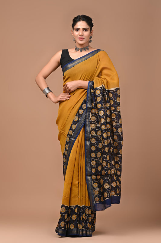 Exclusive Hand Block Printed Maheshwari Silk Saree (SWSRMAH01)