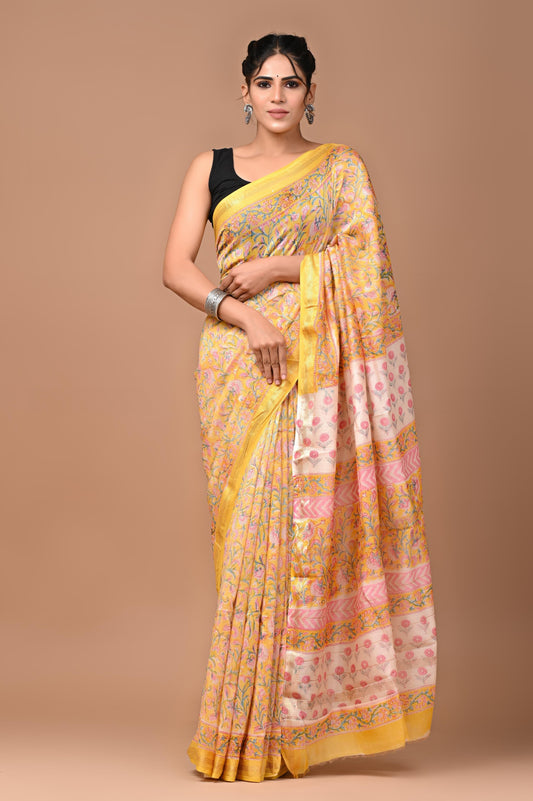 Exclusive Hand Block Printed Maheshwari Silk Saree (SWSRMAH01)