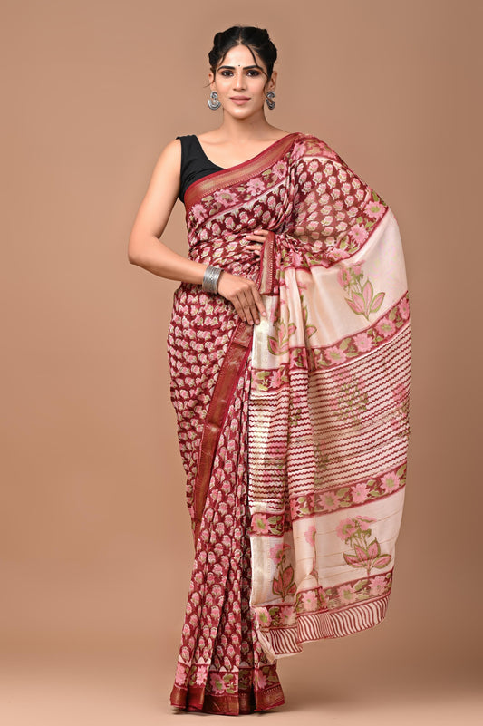 Exclusive Hand Block Printed Maheshwari Silk Saree (SWSRMAH01)