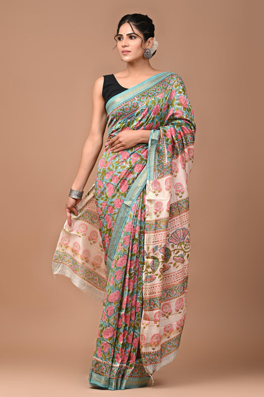 Exclusive Hand Block Printed Maheshwari Silk Saree (SWSRMAH01)