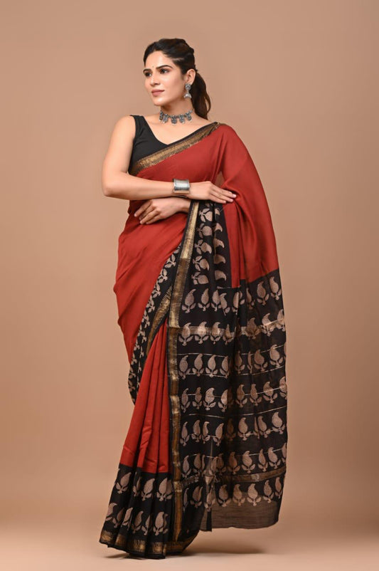 Exclusive Hand Block Printed Maheshwari Silk Saree (SWSRMAH01)
