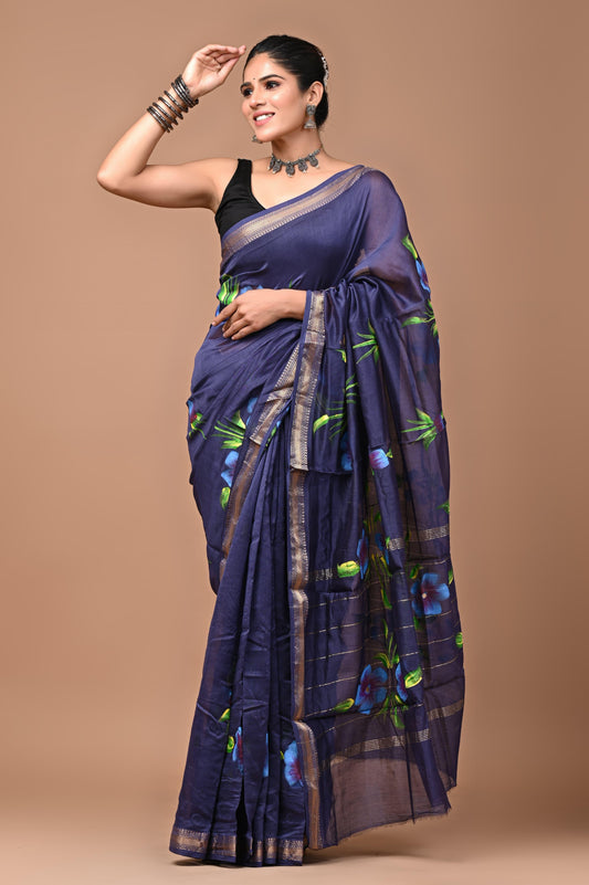 Exclusive Hand Block Printed Maheshwari Silk Saree (SWSRMAH01)