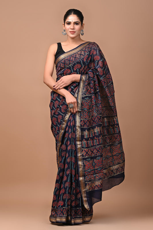 Exclusive Hand Block Printed Maheshwari Silk Saree (SWSRMAH01)