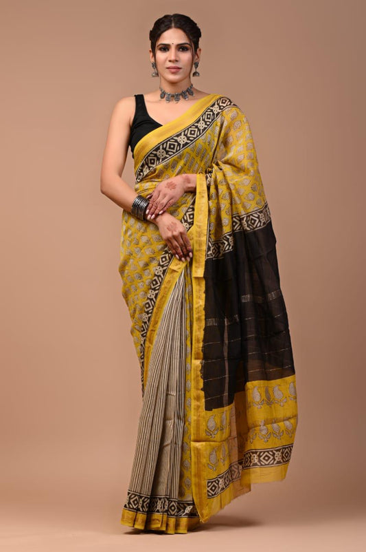 Exclusive Hand Block Printed Maheshwari Silk Saree (SWSRMAH02)