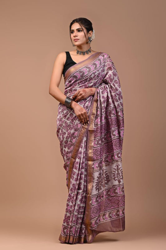 Exclusive Hand Block Printed Maheshwari Silk Saree (SWSRMAH07)