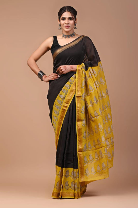 Exclusive Hand Block Printed Maheshwari Silk Saree (SWSRMAH63)